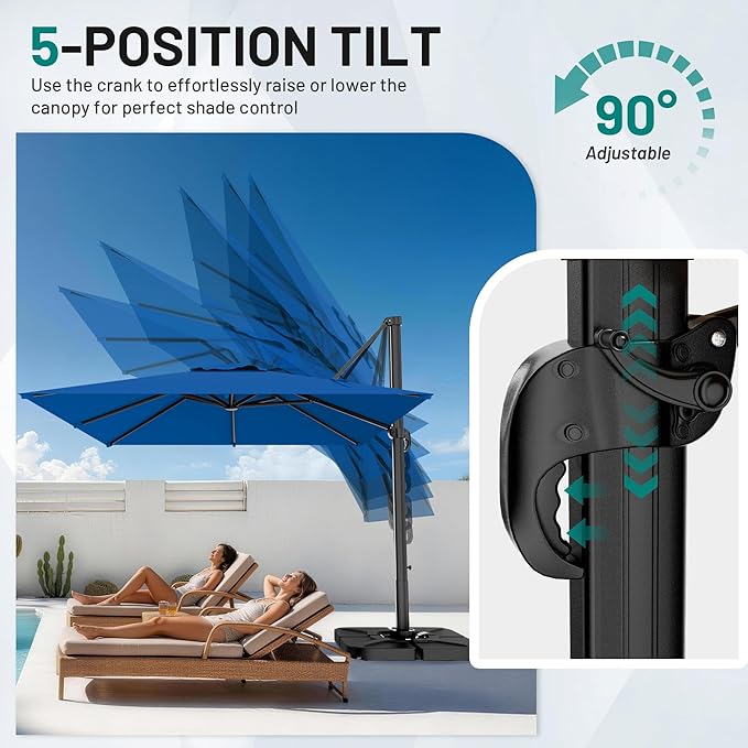 AreShark 10 × 10FT Square Cantilever Patio Umbrella with Base Included, 360° Rotation Offset Outdoor Umbrella, 5 Tilt Settings Heavy Duty Hanging Parasol for Deck Garden Pool, Royal Blue