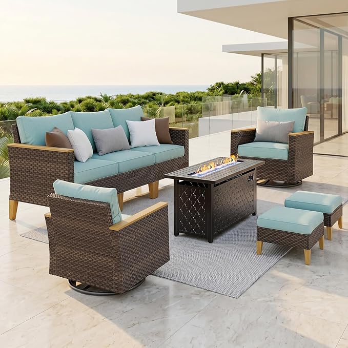PHI VILLA Wicker Patio Furniture Set with Swivel Chairs, 8 Pieces Outdoor Conversations Set with 45" Fire Pit Table, Oversized Rattan Patio Sectional Sofa with Ottoman, Aqua Blue Cushion