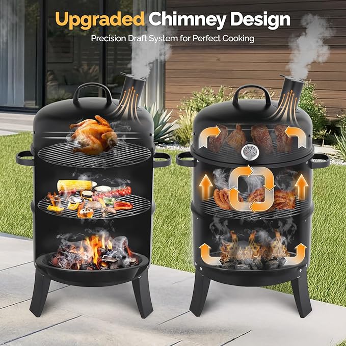 VINGLI Upgraded 18 Inch Vertical Charcoal Smoker, Multi-Layer Round Grill with Thermometer & Chimney, Heavy Duty Outdoor BBQ Smoker for Patio Parties, Backyard Cooking