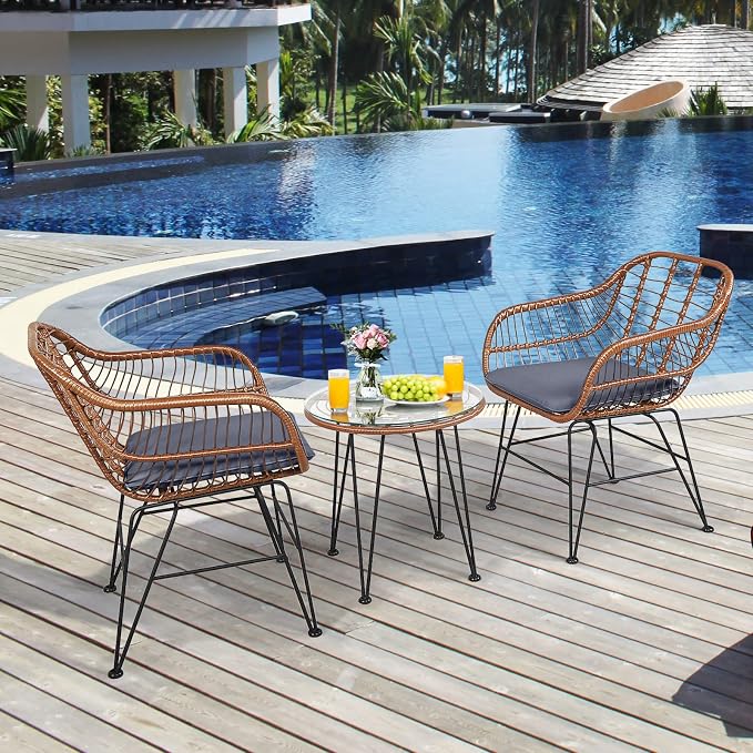 COSTWAY 3 Pieces Patio Bistro Set, Outdoor Rattan Conversation Seating Chair Set with Coffee Table & Soft Cushions, Indoor Wicker Furniture Set for Garden, Balcony, Porch, Pool, Gray