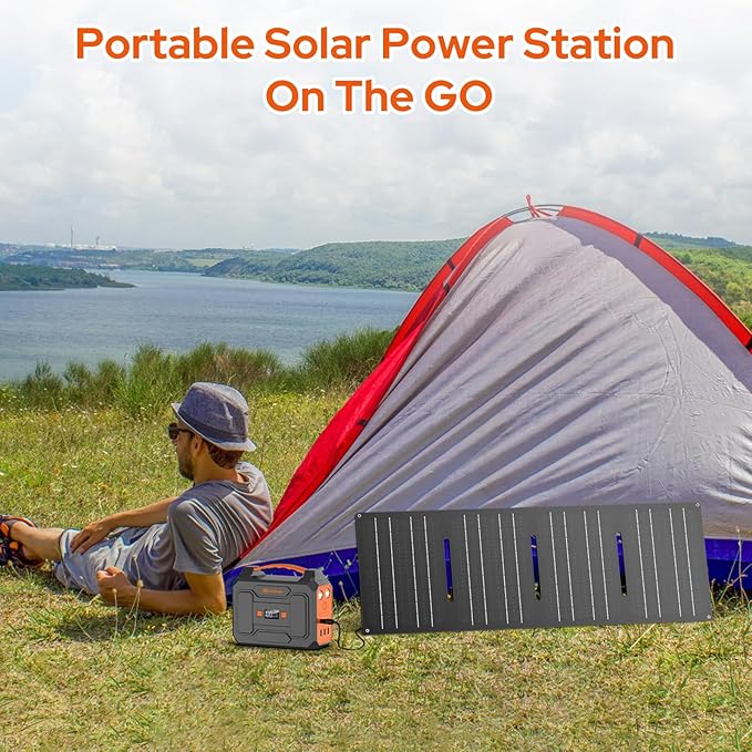 Portable Power Station with Foldable Solar Panel, 110V 100W AC Outlet Camping Solar Powered Generator with Panels, 65W Solar Powered Power Bank for Laptop Smart Devices RV Outdoor with 30W Panel