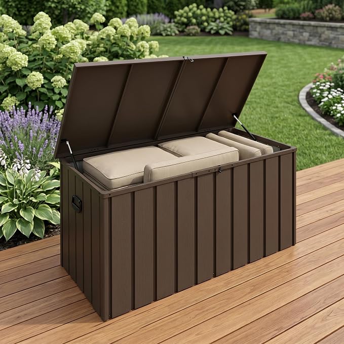 200 Gallon Outdoor Metal Storage Deck Box, Rolling Lockable Utility Bin, Waterproof UV Protected Large Storage Chest for Patio Garden Backyard Yard,Brown