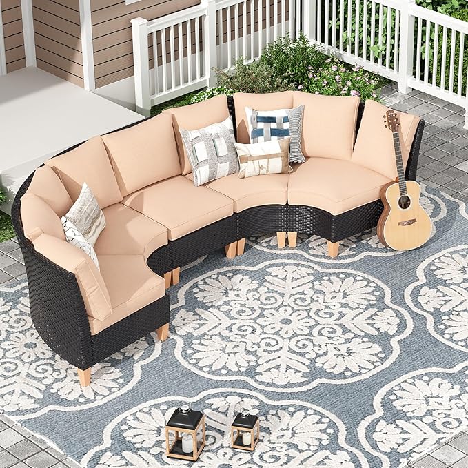 Soohow Half-Moon Patio Conversation Set, 5 Piece Outdoor Sectional Furniture Set with Cushions, Wicker Patio Conversation Set Outdoor Sectional Sofa, All-Weather for Garden, Backyard and Poolside