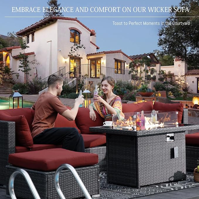 BULEXYARD 13 Piece Large High Back Grey Rattan Patio Furniture Set with Fire Pit Table and Lounge Chaise, Luxury Comfy Deep Wide Seat Outdoor Sectional Conversation Sofa, Gray Wicker and Red Cushion