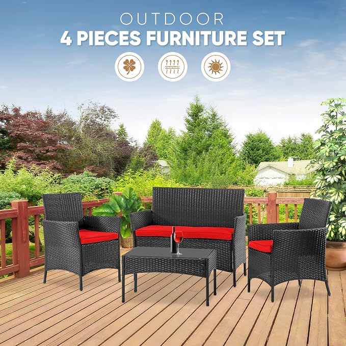 NChanmar Patio Furniture Set, 4 Pieces Outdoor Furniture Rattan Chair, Patio Table and Chairs Set, Wicker Sofa for Yard,Pool and Backyard, Red