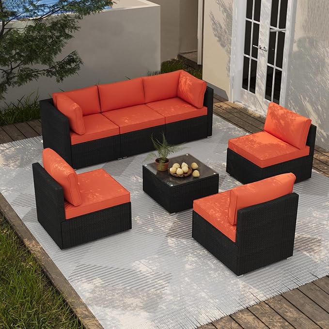 7 Piece Outdoor Patio Furniture Sets, Orange Patio Sectional Furniture All-Weather PE Rattan Sectional Sofa, Outdoor Wicker Conversatin Set w Glass Coffee Table for Backyard, Garden, Porch