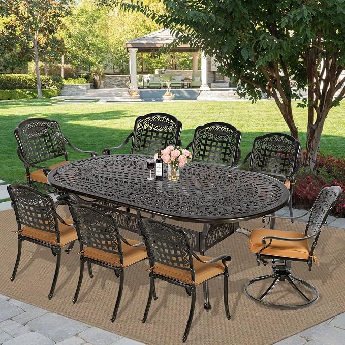 MEETWARM Outdoor 84" Oval Patio Dining Table, All Weather Cast Aluminum Large Patio Furniture Table Fits for 6-8 Person with 2" Umbrella Hole, Dark Bronze