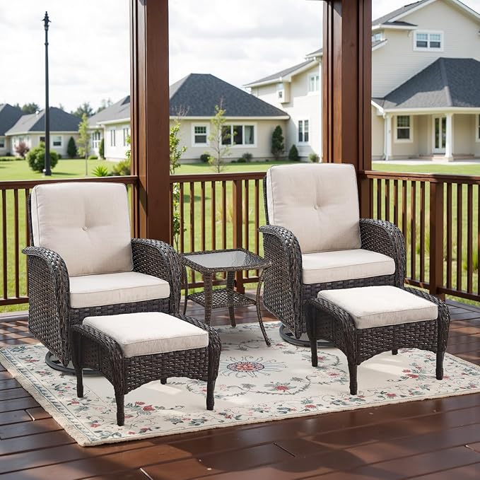 Belord 5 Piece Swivel Rocker Glider Outdoor Chairs Set of 2 with Ottoman and Glass Side Table Patio Bistro Furniture Set, Comfort High Back Wicker Patio Conversation Set for Deck Porch Sunroom