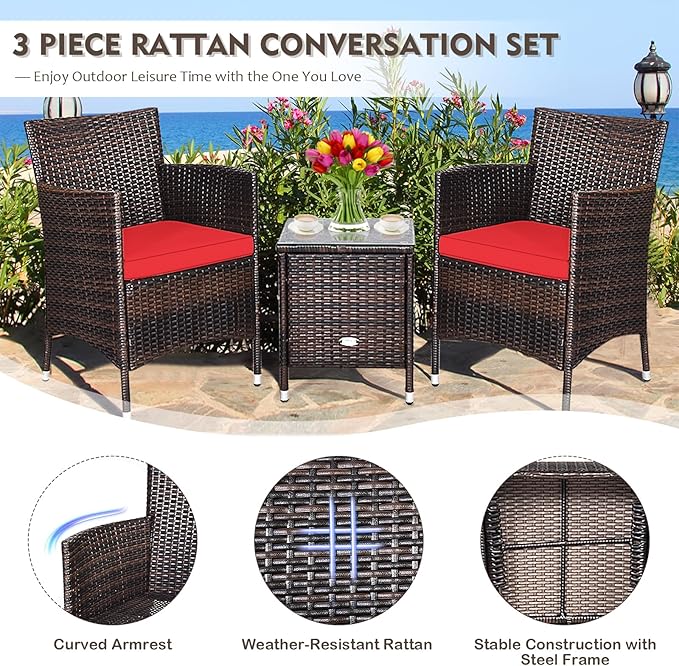 DORTALA 3 Piece PE Rattan Patio Furniture Set, Outdoor Chairs & Table Set with Tempered Glass Top & Cushions, Wicker Conversation Set for Garden Backyard, Red