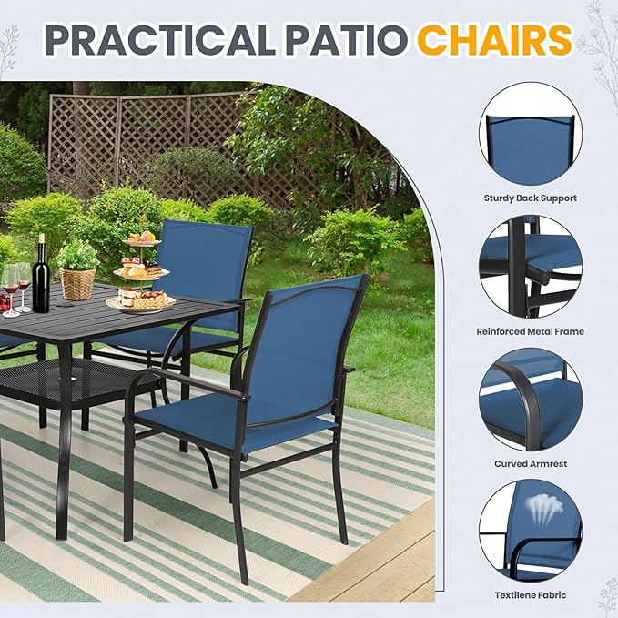 5-Piece Patio Dining Set,4 Person Outdoor Table and Chairs Set, 4 Metal Dining Chairs and Square Outdoor Table with 1.57" Umbrella Hole,Blue