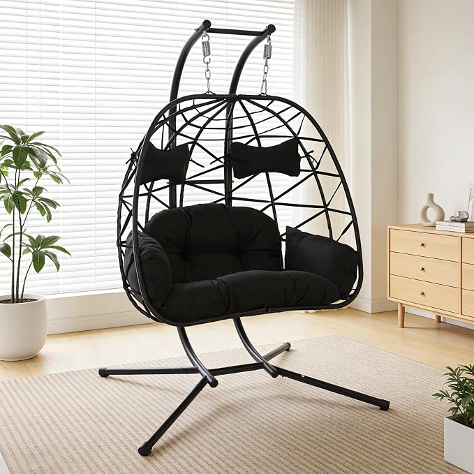 Double Egg-Shaped Hammock Chair, Swing Egg Chair, Wicker Hanging Chair with Removable Washable Cushion