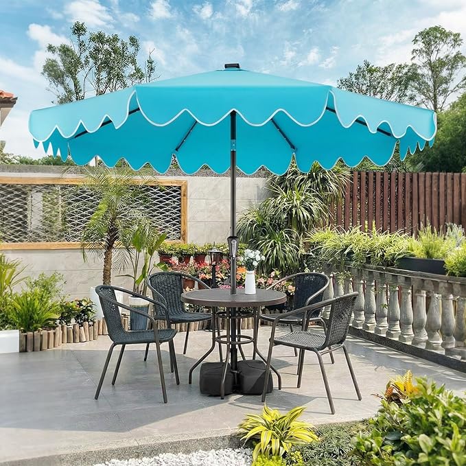 Tangkula 9 FT Solar Patio Umbrella with Base Included, 2-Tiers Outdoor Scalloped Table Umbrella with 32 LED Lights, 2 Sandbags, Tilt Adjustment, Crank, 8 Ribs for Market Backyard Pool Deck Beach Lawn