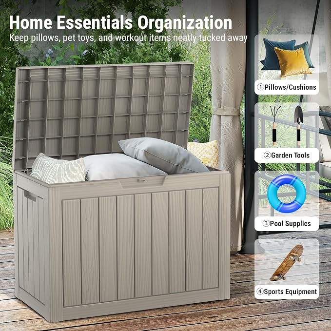 Mars Villa 45 Gallon Outdoor Storage Box, Resin Deck Box Waterproof, Storage Chest for Outside Patio Furniture Cushion, Pool Supply, Garden Tool, UV Resistant and Weatherproof, Greige