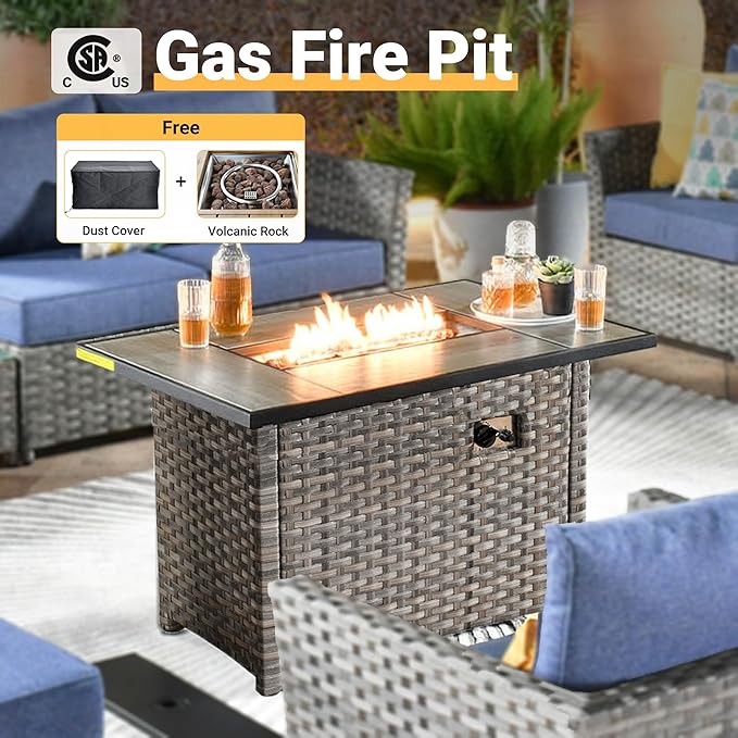 16 Pieces Patio Furniture Conversation Set with 42" Fire Pit Table Rocking Chair Outdoor Sectional Gray Wicker Sofa Set