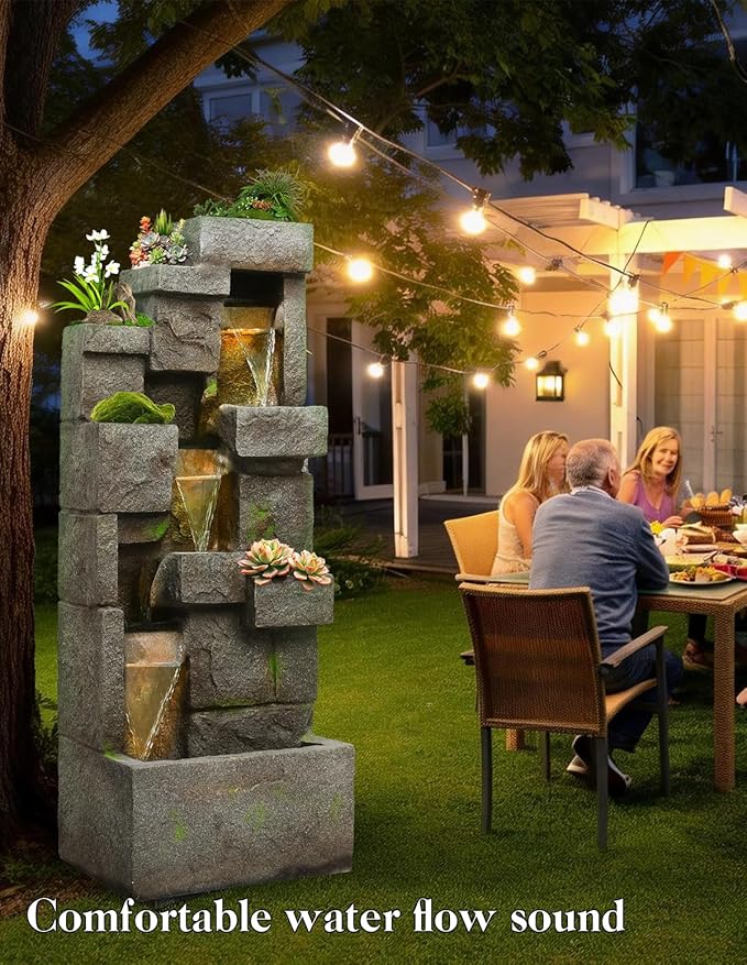 41.7" Outdoor Water Fountains 3 Tier Modern Floor-Standing Fountain with LED Lights and Pump Outdoor Rock Waterfall Fountain for Garden, Yard, Porch, Patio, Home Decor, Yellow