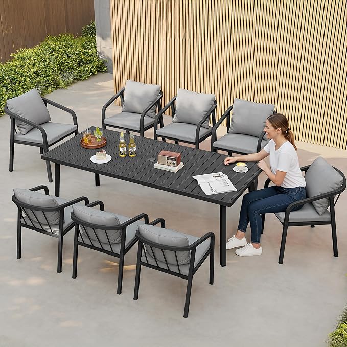 Outdoor Dining Set,7-Piece Patio Dining Table Set for 6 with Rectangular Table & 6 Thick Cushion Sofa Chair, Aluminum All-Weather Patio Furniture Set for Backyard, Garden and Poolside (Black)