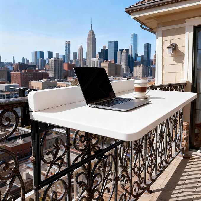 Outdoor Balcony Bar Table for Railings Aluminium Folding Balcony Shelf 5 Height Adjustable Wall-Mounted Side Table Saving Space 120 lbs Loading Serving Table for Patio Deck(White,31.5x15.7in)