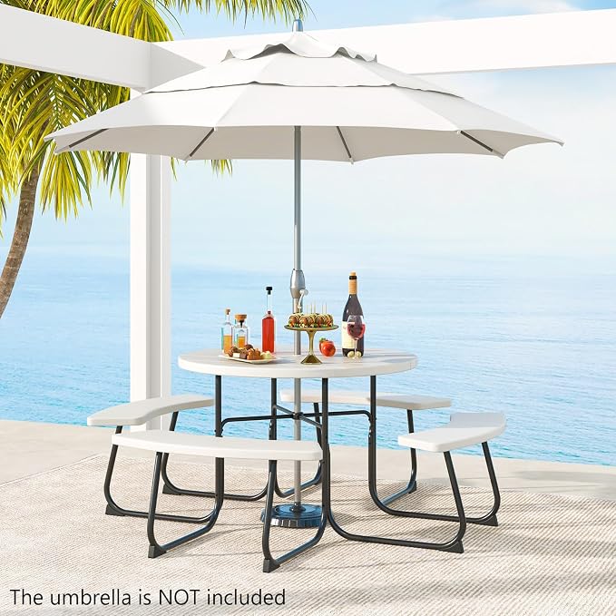 Moccha Picnic Table Bench Set - Outdoor Table and Chairs with Umbrella Hole, HDPE Tabletop & Metal Frame, Dining Table Set, Outdoor Camping Table for Garden Backyard Porch Patio Table Set (White)