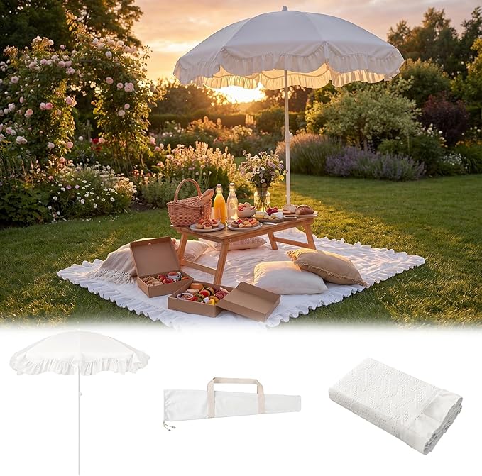 Boho Fringe Beach Umbrella with Extra Large Picnic Blanket Set, 6.5Ft UPF50+ Tassel Ruffles Umbrella 71"x 91" Picnic Blanket for Beach Wedding Bridal Shower Birthday Party Patio Lawn