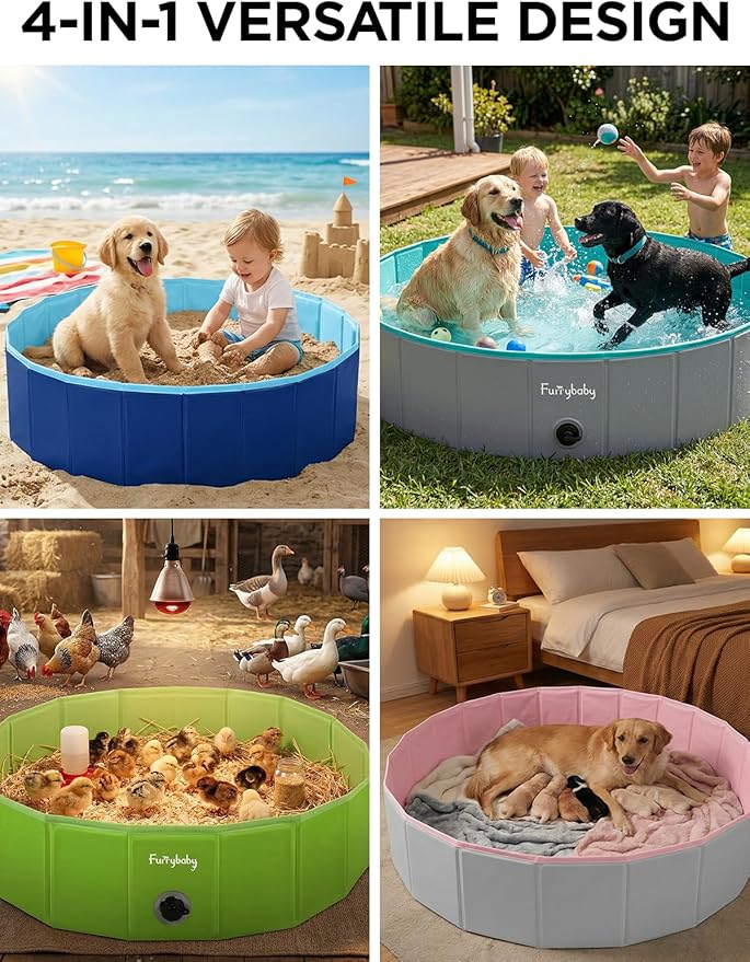 Furrybaby Dog Pool, Kiddie Pool Hard Plastic Foldable Dog Pools for Large Dogs Portable Pet Doggie Wading Swimming (Grey 47'') Indoor and Outdoor