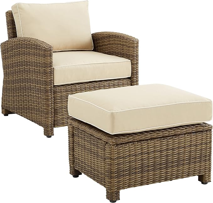 Crosley Furniture Bradenton 2-Piece Outdoor Chair and Ottoman Set, Wicker Patio Conversation Sets for Porch, Brown with Sand Cushions