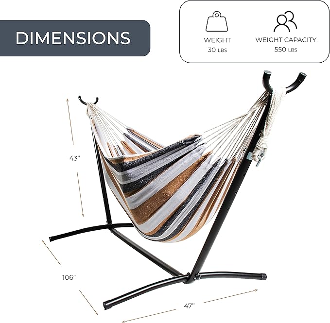 Backyard Expressions Double Camping Hammock with Steel Stand & Carrying Bag, Adjustable Height, Ultra Soft Cotton Blend, 550 lb Capacity, Indoor & Outdoor Portable Hammock