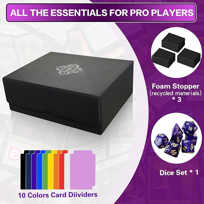 PROMAXIBINDER Trading Card Storage Box for MTG/TCG/YuGiOh, Commander Deck Case Fits 2000+ Cards, 10 Dividers, Dice Set, 3 Foam Stoppers, PU Leather, Magnetic Closure, Magic, Sports Cards (Purple)
