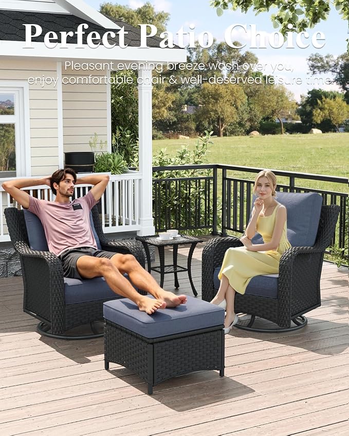 LayinSun 7 Piece Wicker Outdoor Furniture Set with 6-inch Comfy Cushions, High Back Patio Furniture Set with Swivel Rocking Chairs and Fire Pit Table