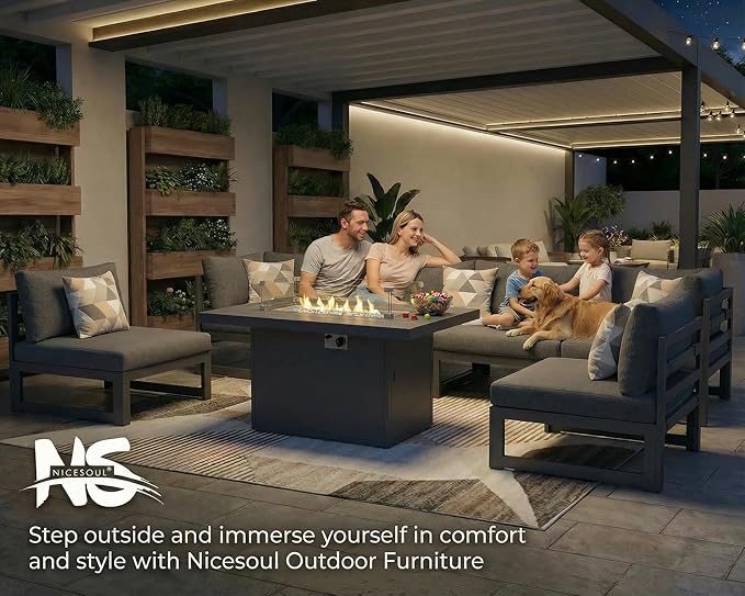 NICESOUL 17 Piece Luxury Aluminum Outdoor Sectional Sofa with Fire Pit Table & End Table, L Shaped Oversized Modular Patio Furniture Set, 500 lbs Heavy Duty Conversation Set for Backyard, Dark Gray