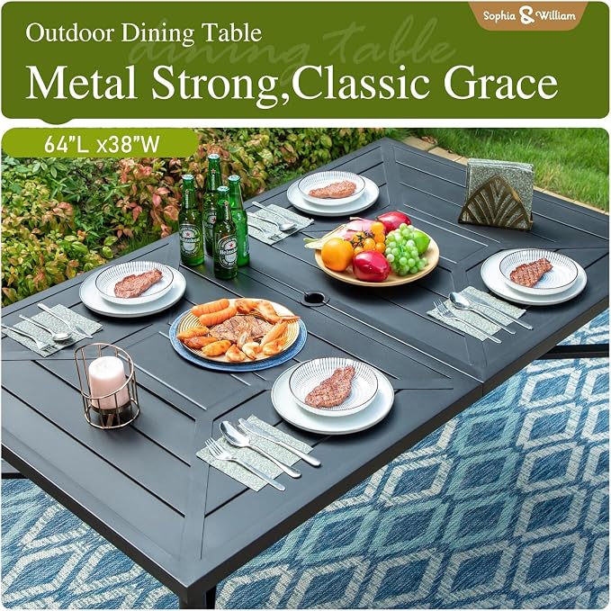 Sophia & William Patio Set with Umbrella 8 Piece Outdoor Dining Set for 6 with 13ft Double-Sided Patio Red Umbrella, 6 x Swivel Patio Chairs, 1 Rectangular Dining Table for Lawn Garden