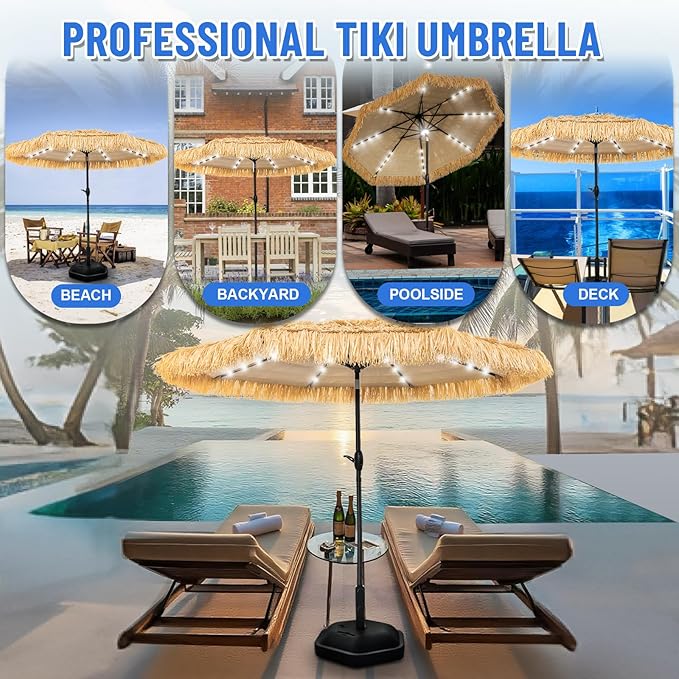 9 ft Tiki Umbrella with 32 LED Lights, Outdoor Patio Umbrella with Solar Lights, Tropical Vibes Thatched Umbrellas with 8 Ribs, Tilt Adjustment, Manual Crank, UPF 50+ for Pool, Beach, Backyard,Garden