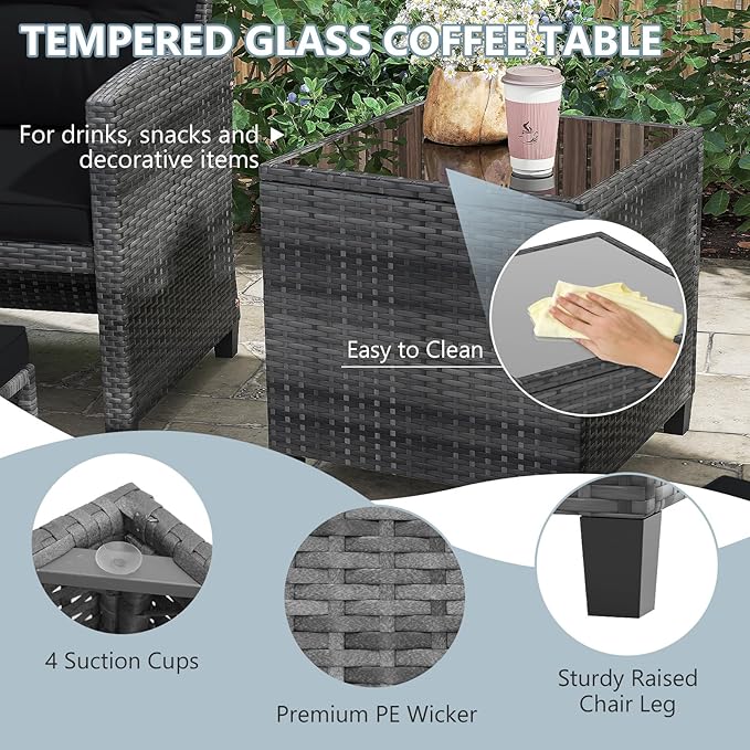 ORALNER 5 Pieces Patio Furniture Set with Ottoman, Wicker Conversation Set w/Cushions, Glass Coffee Table, Outdoor Lounger Rattan Chairs Bistro Set for Porch Balcony Garden Deck Poolside (Black)
