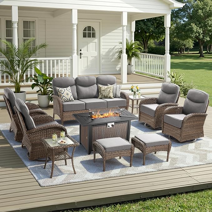 10 Pieces Luxury Patio Furniture Set with 42.5" Fire Pit Table, 6-Inch Thick Cushions Wicker Outdoor Furniture with Swivel Patio Chairs Set of 4, Outdoor Patio Conversation Set for Garden Deck, Gray