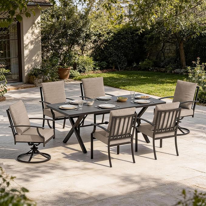 7 PCS Outdoor Patio Dining Set,Patio Table and Chairs Metal Outdoor Patio Furniture Set with Umbrella Hole,Dining Table Set with Swivel Chairs for Deck,Backyard and Garden,Brown