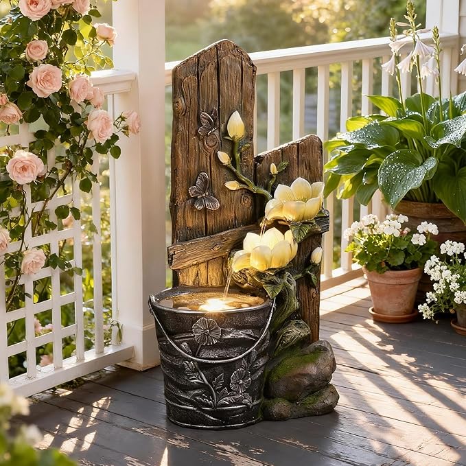 30.7" H 3-Tier Rustic Water Fountain Outdoor with Lights, Faux Iron Bucket & Wooden Stripe Cascading Waterfall Feature with Flowers & Butterfly for Garden, Patio, Backyard, Porch, Yard Decor
