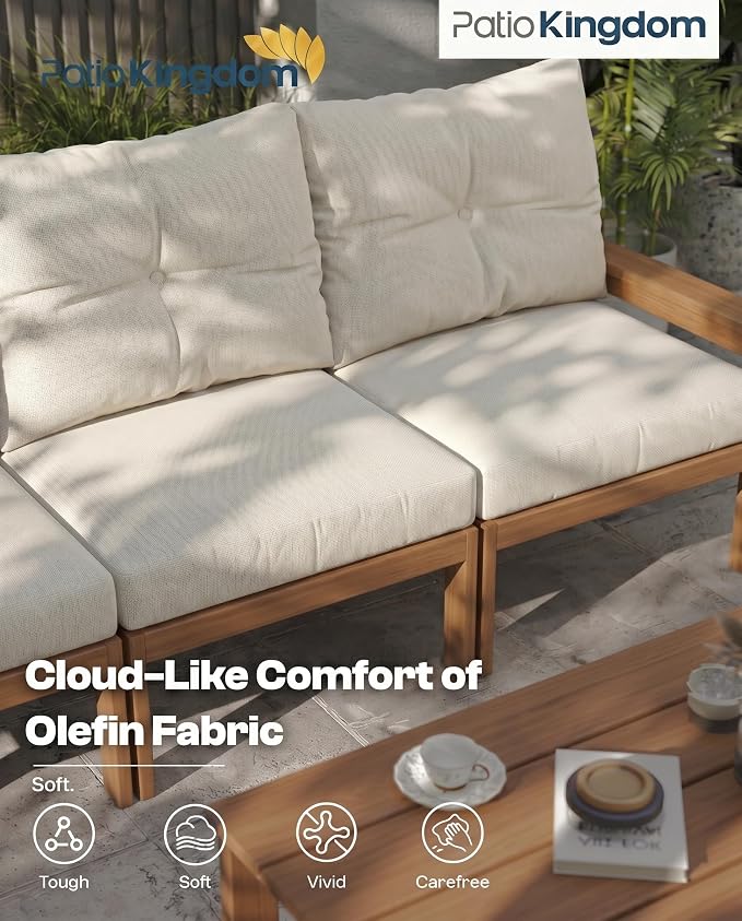HDPE Outdoor Patio Furniture Set, 6-Piece Patio Conversation Sets with Coffee Table & Side Table & Beige Washable Thick Cushions, Outdoor Sofa for Balcony, Porch, Poolside (Teak Frame)