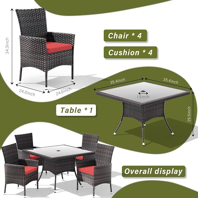 5 Pieces Outdoor Patio Dining Set,Patio Table and Chairs Rattan Outdoor Patio Furniture Set with Umbrella Hole,Dining Table Set for 4 with Chairs for Backyard,Garden and Kitchen,Red