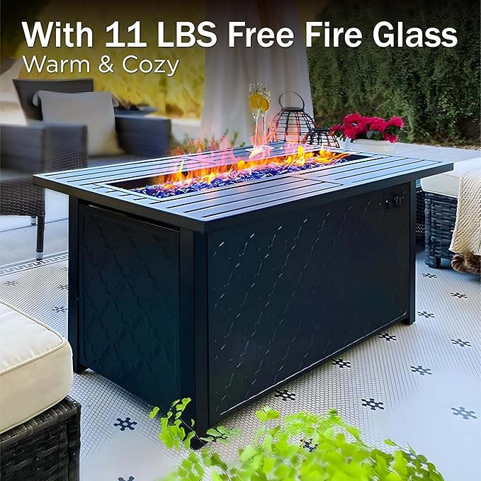 PHI VILLA 4 PCS Patio Furniture with FirePit Table, Outdoor Furniture Set with 1 x 45 Inch Metal Fire Table, 1 x 3 Seater Cushioned Deep Seating Bench, 2 x Armrest Sofa Chairs