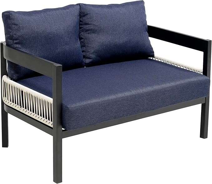4 Piece Outdoor Iron Sofa Set with A Table, PE Rattan Patio Furniture Sets with Double and 2 Single Seats, Multi-Person Conversation Set for Garden, Lawn Use (Dark Blue/92)