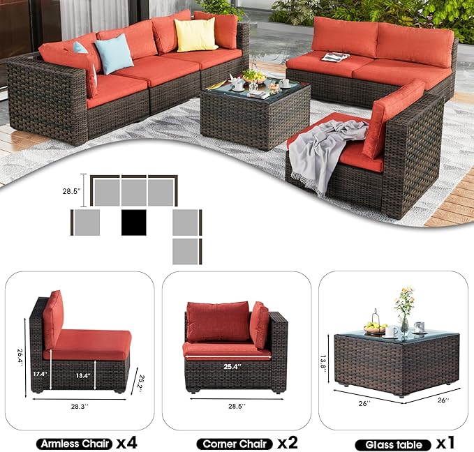 7 Pieces Outdoor Patio Furniture Set Wicker Sectional Sofa with Cushions & Tea Table Patio Rattan Conversation Chair Sofa Set Red…