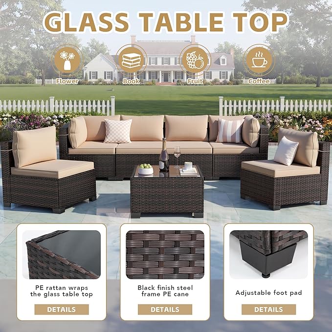 CHABATREE 7-Piece Outdoor Patio Furniture Sets, Manual Weaving Rattan Conversation Sectional Sofa with Tempered Glass Coffee Table, All-Weather PE Wicker & Thick Cushions for Garden, Backyard, Porch