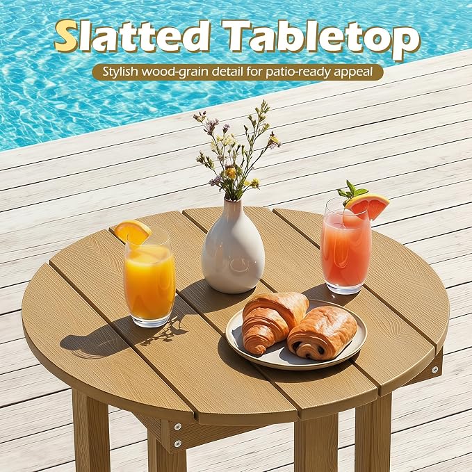 Tangkula Round Outdoor Side Table Set of 2, Adirondack Side Table with Weather-Resistant, Waterproof Top, Small Outside End Table for Patio Deck Pool Porch, Easy Maintenance (Brown,2)