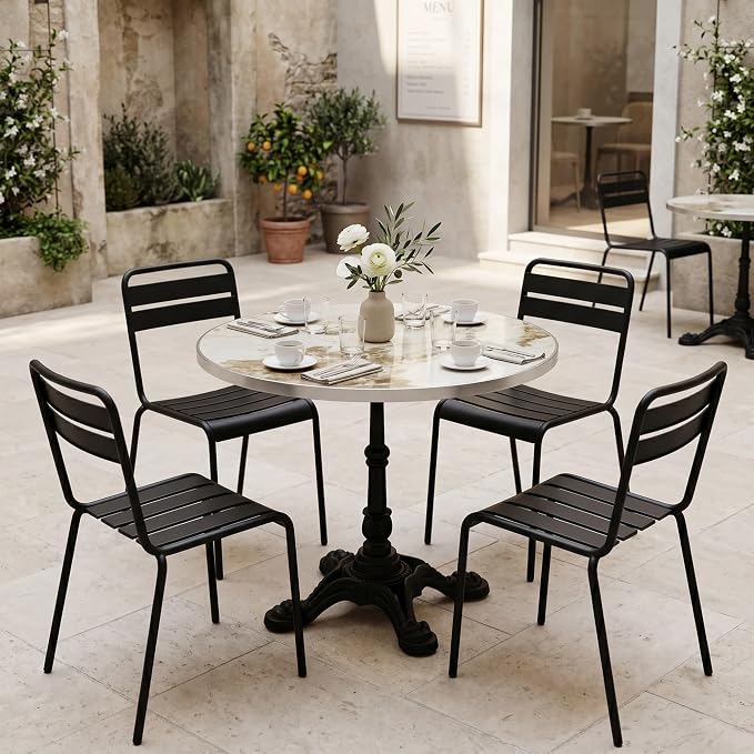 31.5 Inch Round Outdoor Patio Dining Table, Sintered Stone Bistro Table with Cast Iron Pedestal Base for Balcony Garden Poolside Cafe, Seats 2 to 4, Ivory Marble