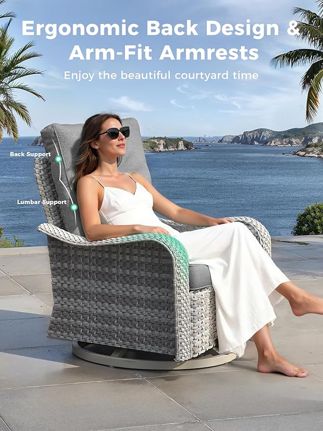 3 Piece Outdoor Wicker Patio Furniture Set,High Back Swivel Rocker Patio Chairs with 4" Thickened Cushions & Side Table, All-Weather PE Rattan for Garden, Backyard, Porch, Grey