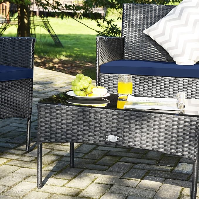 Tangkula 4 Piece Patio Furniture Set, Outdoor Wicker Conversation Set with Tempered Glass Coffee Table, Rattan Loveseat & Chairs Set with Seat Cushions for Backyard, Garden, Poolside (1, Navy)