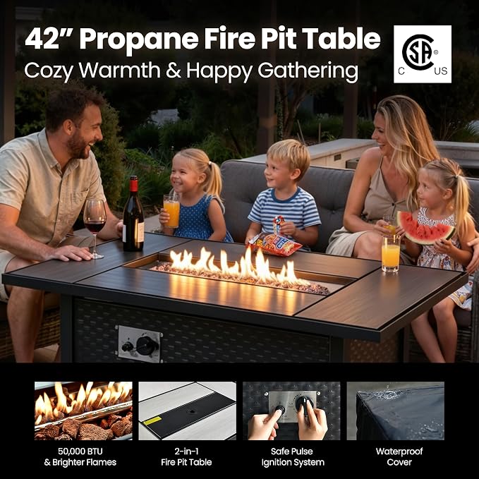 6 Piece Patio Furniture Set with Fire Pit Table, Outdoor Wicker High Back Sofa Chairs Ottoman with Comfy Cushions, Modern Conversation Sets for Backyard Deck Garden Poolside, Dark Gray