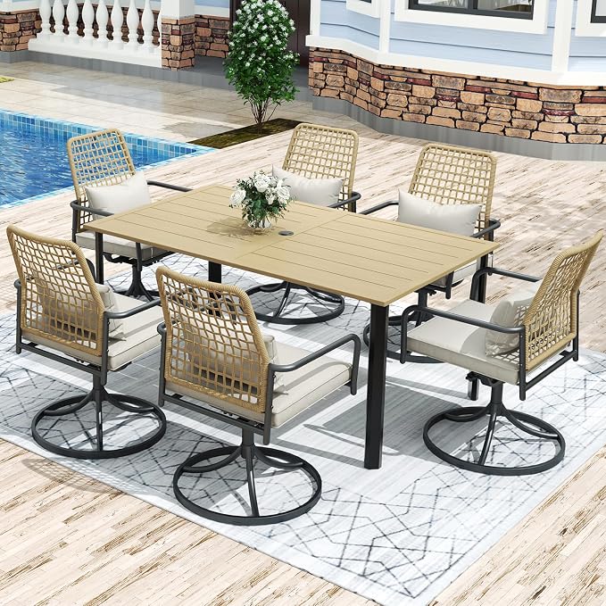 Anmutig Outdoor Patio Table for 6 Person, Patio Dining Rectangle Table with 1.57" Umbrella Hole for Garden Lawn Backyard Parties, Black Metal Frame 63" L x 38" W x 29" H Brown