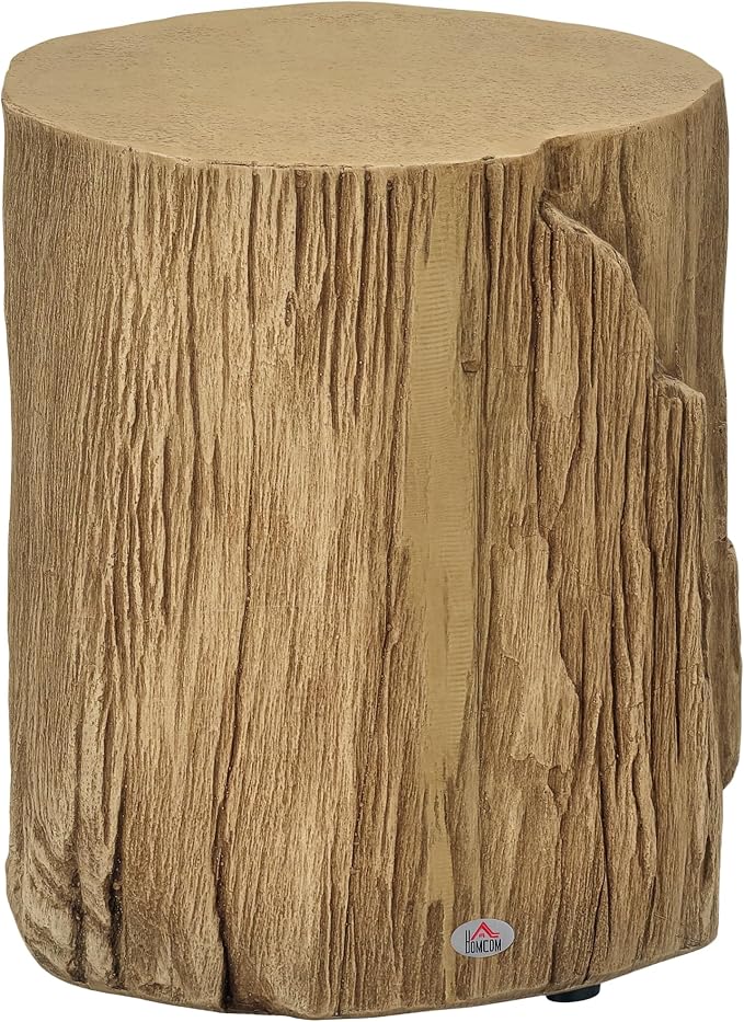 HOMCOM Tree Stump Stool, Decorative Side Table with Round Tabletop, Concrete End Table with Wood Grain Finish for Indoors and Outdoors, Natural
