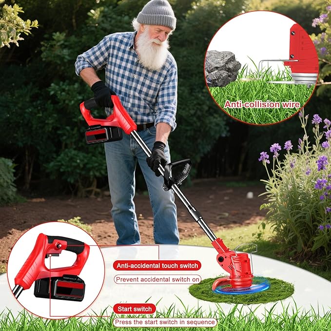 Electric Weed Wacker String Weed Eater Cordless Grass Trimmer 21V Battery Powered String Trimmer with 2x2.0ah Battery and Charger Brush Cutter/Edger/Mower with 3 Types Blade for Garden Lawn Turf(Red)
