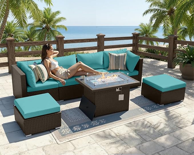 BULEXYARD 7 Pcs High Back Patio Furniture Set with Fire Pit Table Propane/Natural Gas Dual Fuel, Heavy Duty Outdoor Sectional Couch, XL Comfy Backyard Seating for Exterior, Brown Wicker & Teal Cushion